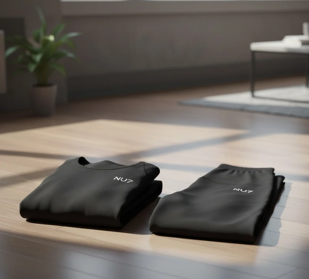 Folded NU7 smart garments on a wooden floor